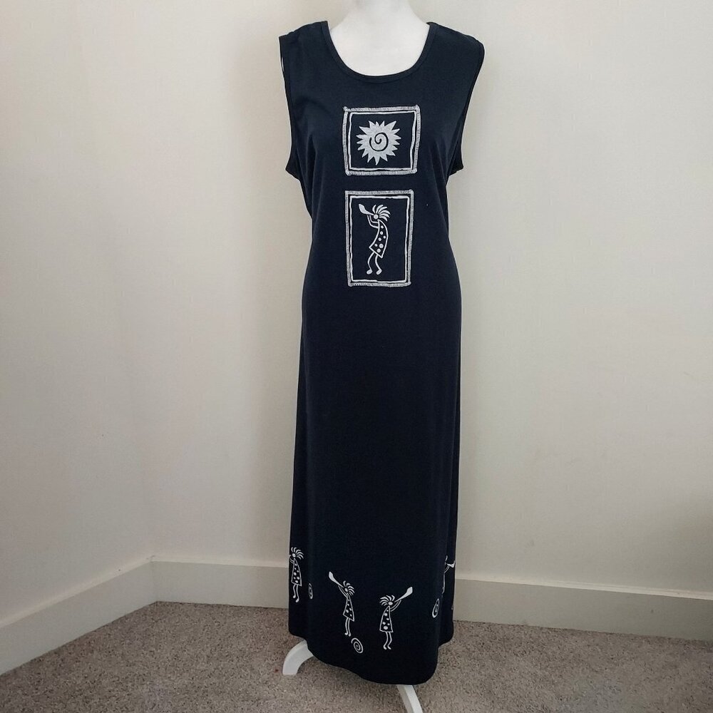 Vintage Bobbie Brooks Navy Tribal Print Sleeveless Maxi Sheath Dress Size 18/20W